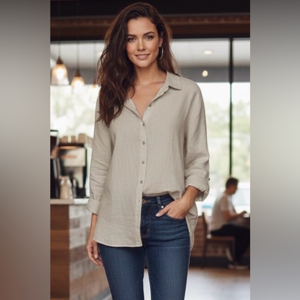 Soft Surroundings 100% Linen Beige/Cream Long-Sleeved Button-Down Shirt, M/L